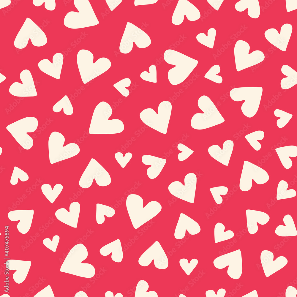 Valetnine's Day Holiday Simple Hand-Drawn White Ditsy Hearts on Red Background Vector Seamless Pattern. Retro Bright Girly Whimsical Feminine Print for Fashion, Packaging, Wrapping Paper Valetnine's Day Holiday Simple Hand-Drawn White Ditsy Hearts on Red Background Vector Seamless Pattern. Retro Bright Girly Whimsical Feminine Print for Fashion, Packaging, Wrapping Paper