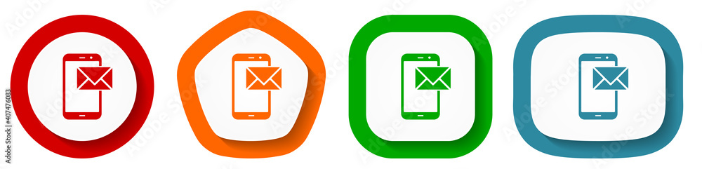 Smartphone with email vector icon set, flat design buttons on white background Smartphone with email vector icon set, flat design buttons on white background