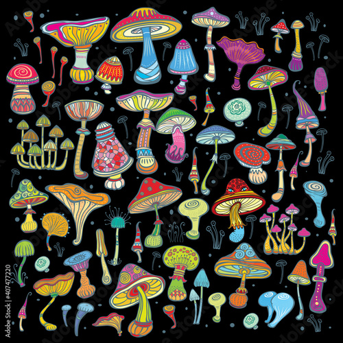 Background with bright, decorative mushrooms