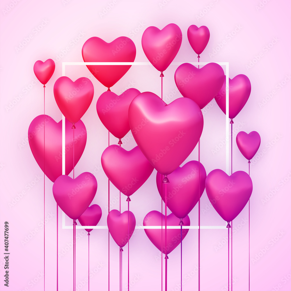 Pink square background with realistic 3d heart balloons.