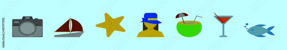 set of beach elements cartoon icon design template with various models. vector illustration isolated on blue background set of beach elements cartoon icon design template with various models. vector illustration isolated on blue background