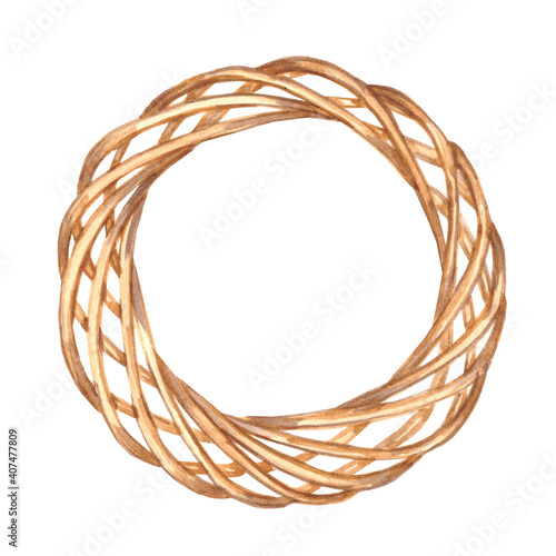 Watercolor illustration of a wreath of twigs on a white background
