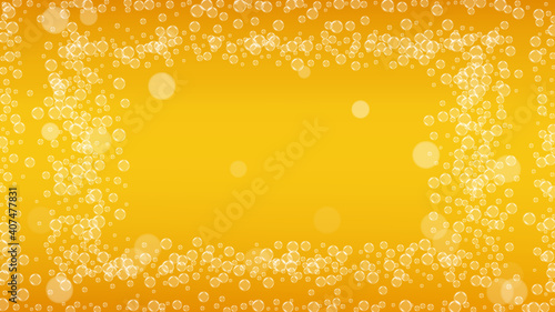 Lager beer. Background with craft splash. Oktoberfest foam. restaurant banner layout. German pint of ale with realistic white bubbles. Cool liquid drink for Gold glass with lager beer.
