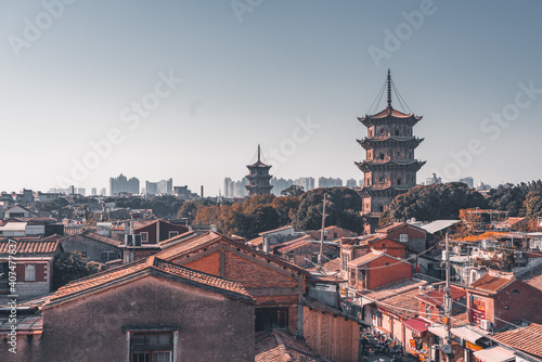 The old town in Quanzhou, China, with two pagoda towers. photo