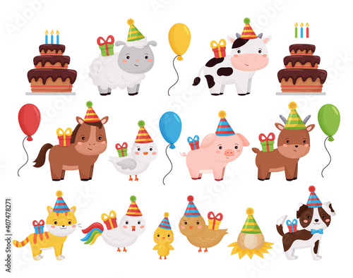 Cute cartoon farm animals collection with birthday cake, presents, balloons and cake. Vector illustration for invitation and greeting card design.