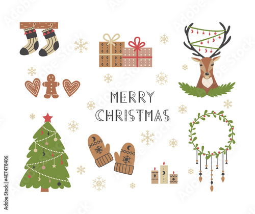 boho christmas clip art, bohemian style xmas set