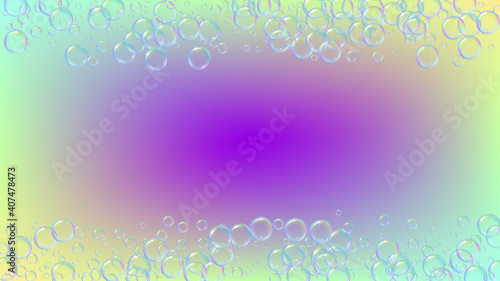 Suds bubble. Detergent bath foam and soap for bathtub. Shampoo. Multicolor fizz and splash. Realistic water frame and border. 3d vector illustration flyer. Rainbow colorful liquid suds.