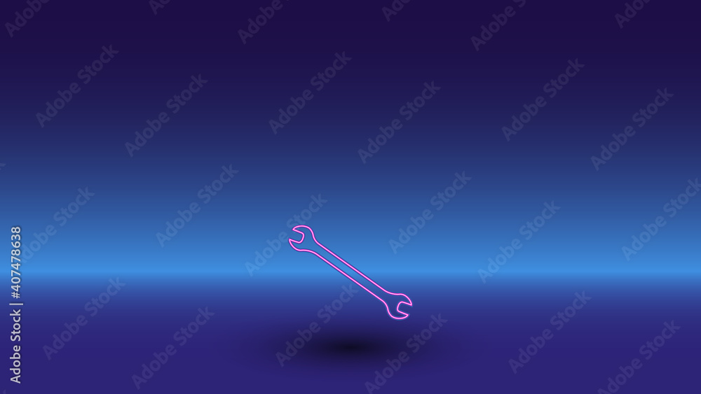 Neon wrench symbol on a gradient blue background. The isolated symbol is located in the bottom center. Gradient blue with light blue skyline Neon wrench symbol on a gradient blue background. The isolated symbol is located in the bottom center. Gradient blue with light blue skyline