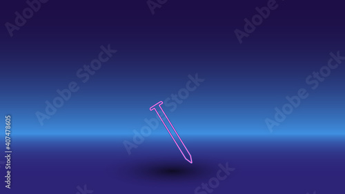 Neon metal nail symbol on a gradient blue background. The isolated symbol is located in the bottom center. Gradient blue with light blue skyline