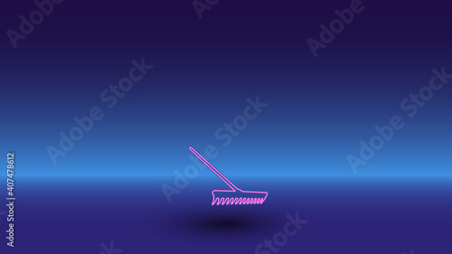 Neon rake symbol on a gradient blue background. The isolated symbol is located in the bottom center. Gradient blue with light blue skyline