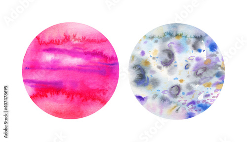 Set of two moons. Red and grey. Hand drawn watercolor sketch illustration isolated on white background