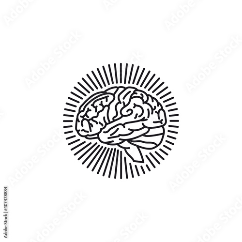 Human brain surrounded by rays vector line icon