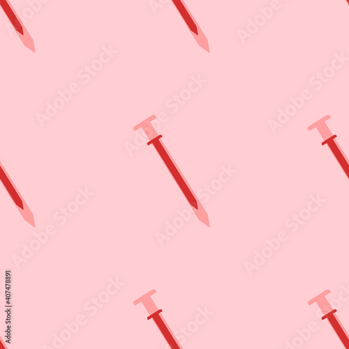 Seamless pattern of large isolated red metal nail symbols. The elements are evenly spaced. Vector illustration on light red background