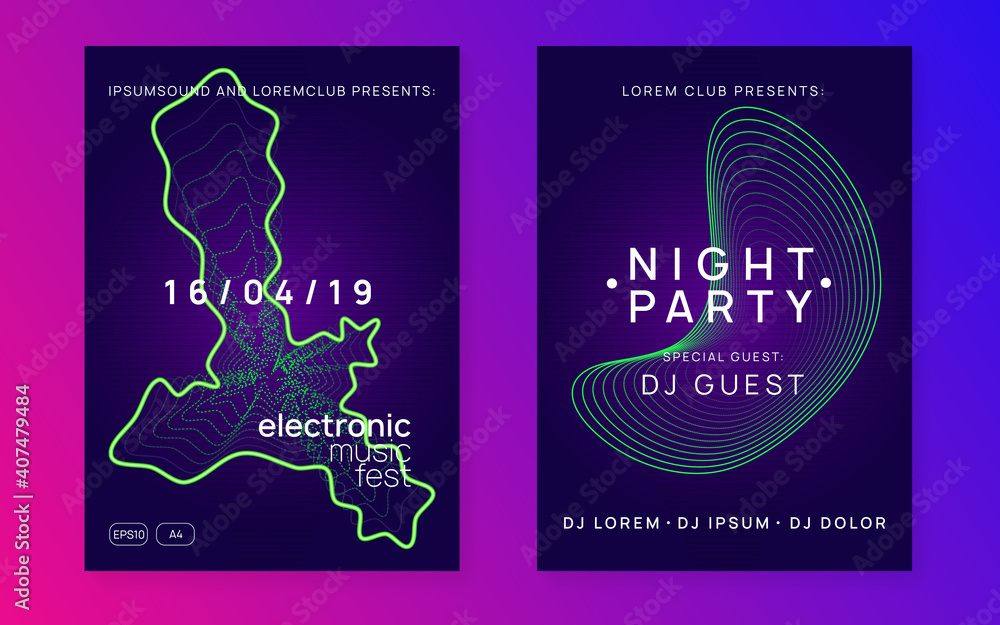 Trance event. Dynamic fluid shape and line. Geometric concert magazine set. Neon trance event flyer. Techno dj party. Electro dance music. Electronic sound. Club fest poster.