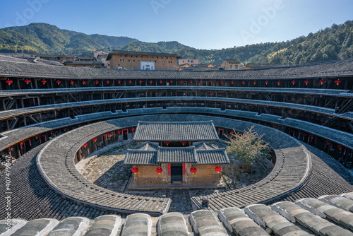 Inside view of a Tulou, a traditional Chinese architecture in Fujian, China. © Zimu