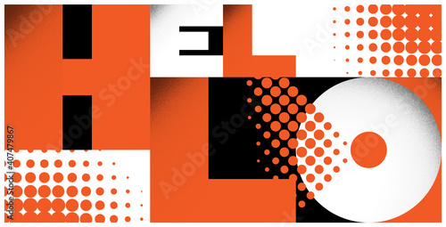Hello banner in typographical style, greeting card. Vector illustration. Orange, black.