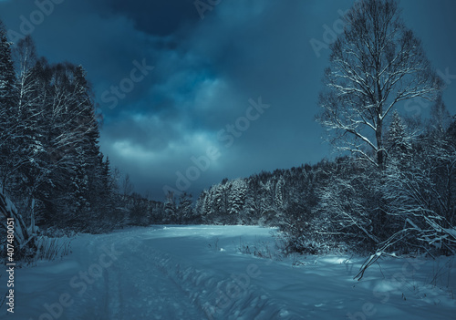 Snowy road at the field and conifer forest on a frosty winter night. Winter country road with fir forest in the rays of cold moonlight.