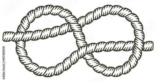 Figure eight knot, rope with fill. Knot made with a rope with the interior filled with color.