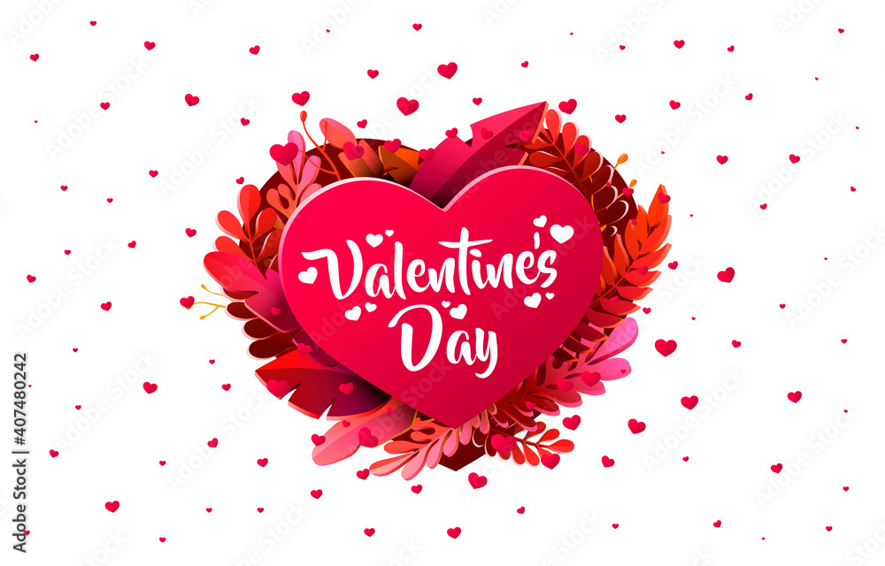 Red heart of Valentines Day. 3d red hearts and paper cut flowers. Vector