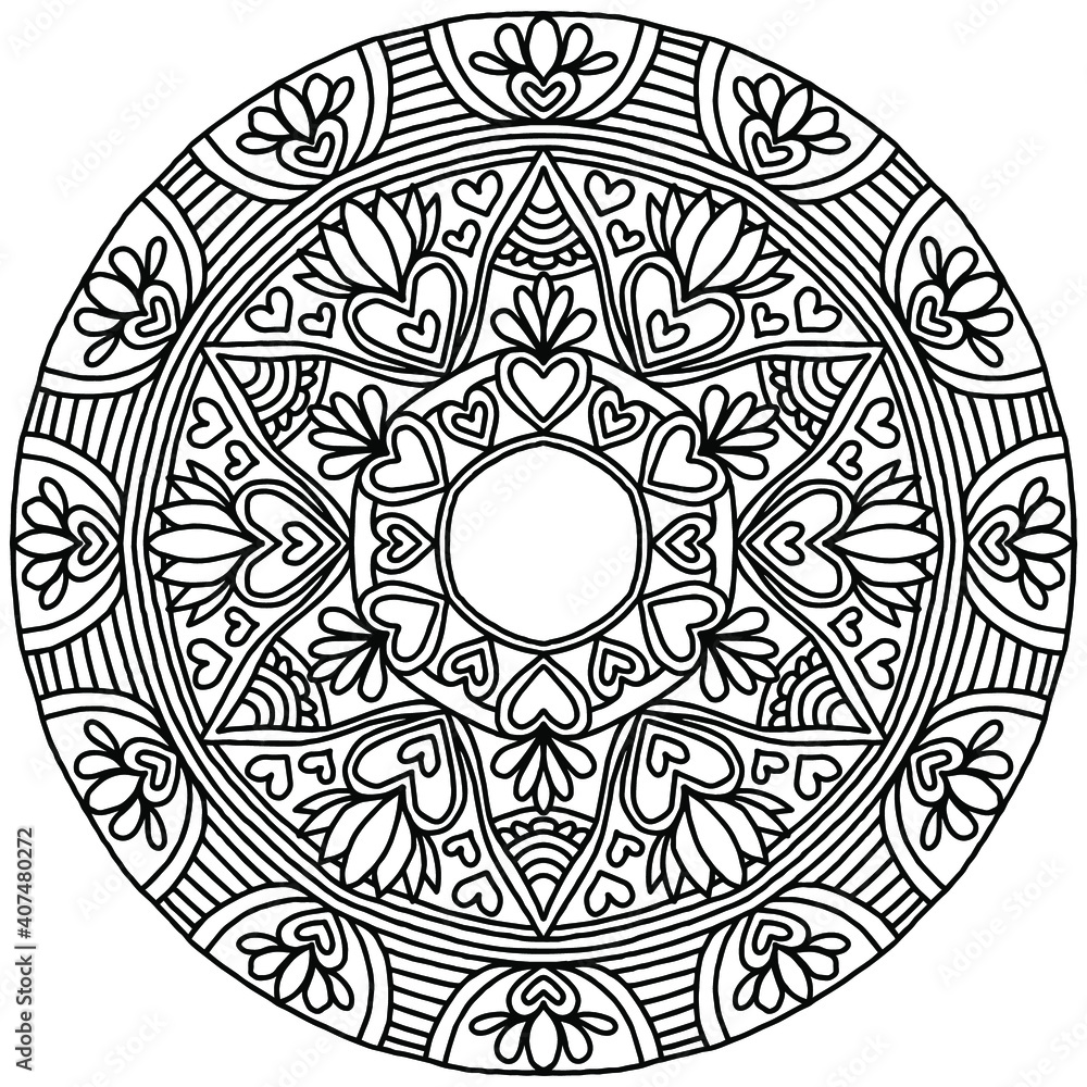 folk style hearts and flowers forming an abstract mandala drawn on a white background for coloring, vector, mandala