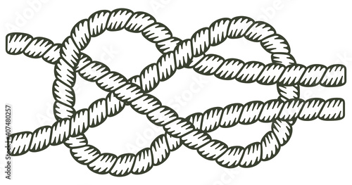 Sheet bend, rope unfilled. Knot made with a rope with the interior without coloring.