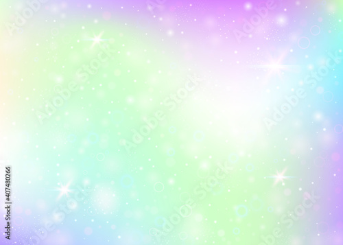 Magic background with rainbow mesh. Trendy universe banner in princess colors. Fantasy gradient backdrop with hologram. Holographic magic background with fairy sparkles, stars and blurs. © Holo Art