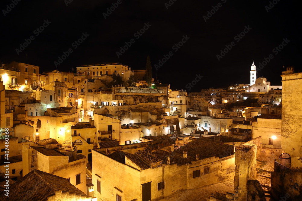Night on the illuminated houses and on the Cathedral of Matera, European Capital of Culture 2019