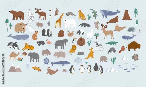 Obraz Animals world for kids. Poster with cute vector animals in flat style. Cartoon doodle characters in scandinavian style for children