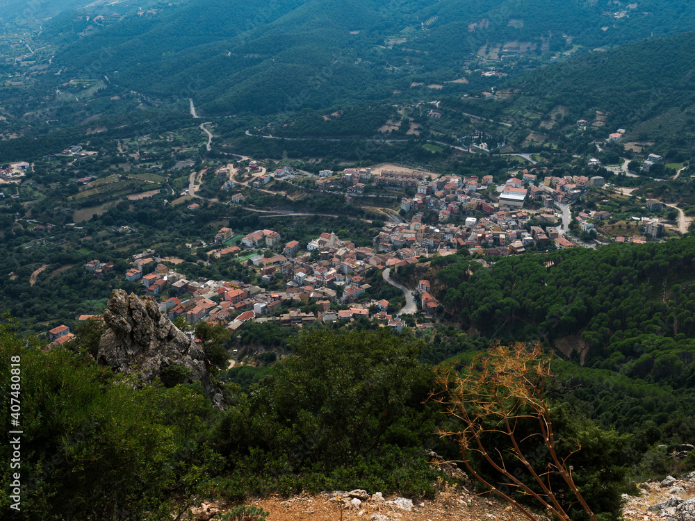 Fototapeta premium Aerial View of village Villagrande Strisaili with limestone rocks, mountains and green forest vegetation. Summer sunny day. Province of Nuoro, Sardinia, Italy, Europe