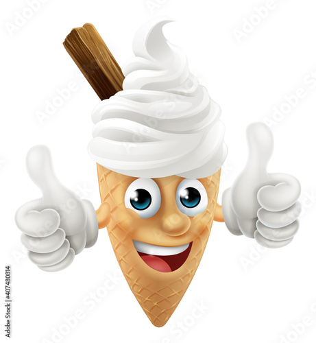 An ice cream waffle cone with chocolate cartoon character mascot giving at thumbs up