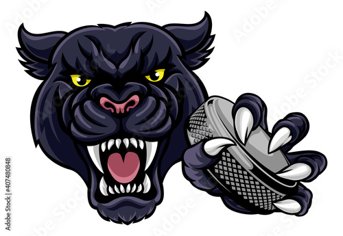 Canvas Print A panther ice hockey player animal sports mascot holding a puck