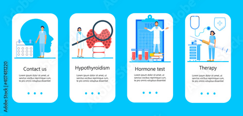 Endocrinologists diagnose and treat human thyroid gland. Specialists make blood test on hormones.Thyroid-stimulating hormone test concept vector for medical apps. Hypothyroidism vector.