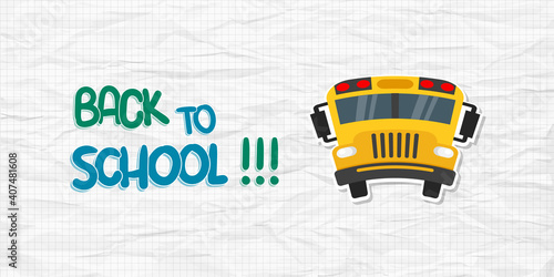 Back to school text with Bus on checkered background. Crumpled sheet of paper. Vector illustration