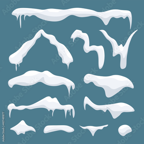 Snow caps with icicles, snowballs and snowdrifts set. Snowy and ice elements isolated on blue background. Vector template in cartoon style