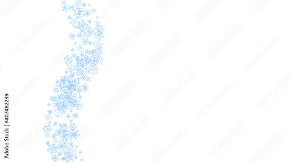 Winter frame with blue snowflakes for Christmas and New Year celebration. Horizontal winter frame on white background for banners, gift coupons, vouchers, ads, party events. Falling frosty snow. Winter frame with blue snowflakes for Christmas and New Year celebration. Horizontal winter frame on white background for banners, gift coupons, vouchers, ads, party events. Falling frosty snow.