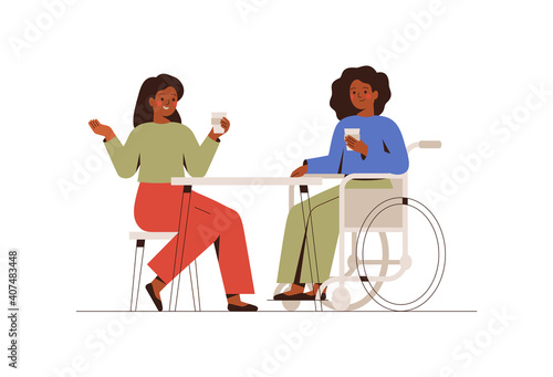 Girls spend time together. Two black woman talk at business meeting. Colleagues have coffee break. Disability female person drinks coffee with her friend. Vector illustration