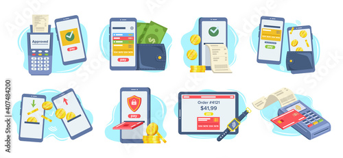 Mobile payments set. Payment Approved, Money transfer, Mobile Wallet. Online payments, business finance pay, money transaction online. Vector illustration.
