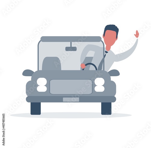 Businessman driving the car and waving to someone. Saying hello. Vector, illustration, flat
