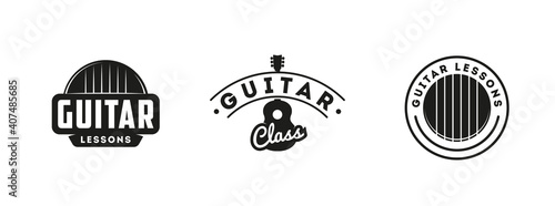Set of guitar lessons graphics, logos, labels and badges.