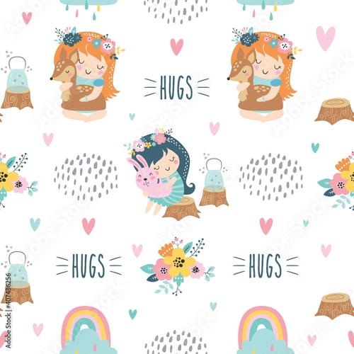 Childish seamless pattern with forest fairies and baby animals. Creative vector childish background for fabric, wrapping, textile, wallpaper, apparel
