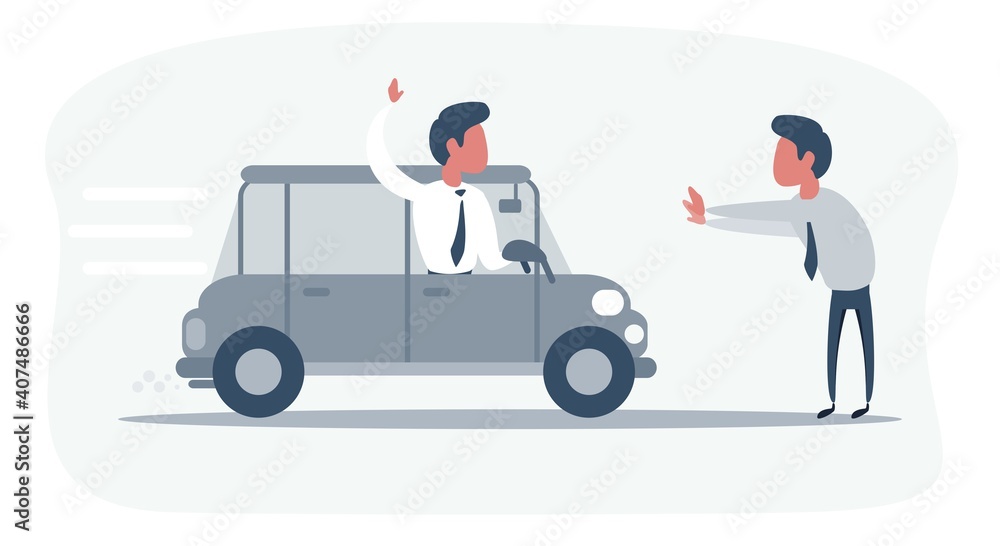 Car driver emergency brakes in front of pedestrian on road. Pedestrian crosses the road in the wrong place. Dangerous situation, traffic violation. Vector illustration, flat cartoon style, isolated. Car driver emergency brakes in front of pedestrian on road. Pedestrian crosses the road in the wrong place. Dangerous situation, traffic violation. Vector illustration, flat cartoon style, isolated.