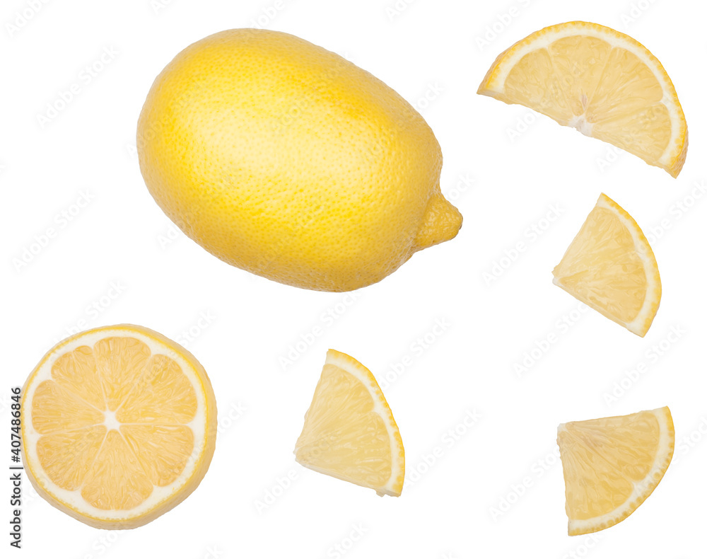Lemon and slices isolated on a white background. Flat lay, top view Lemon and slices isolated on a white background. Flat lay, top view