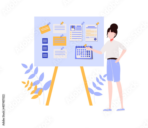 Concept of successful task completion, effective work planning, time management. Happy woman stand by clipboard with note, show gesture ok. Organize agenda. Flat vector illustration isolated on white