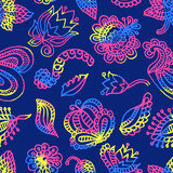 Flower Seamless Pattern in Indian style. 
Colorful floral simple doodle pattern. Vector Indian background. Stylized flowers in Holi Hindu spring festival colours on a dark blue background. 