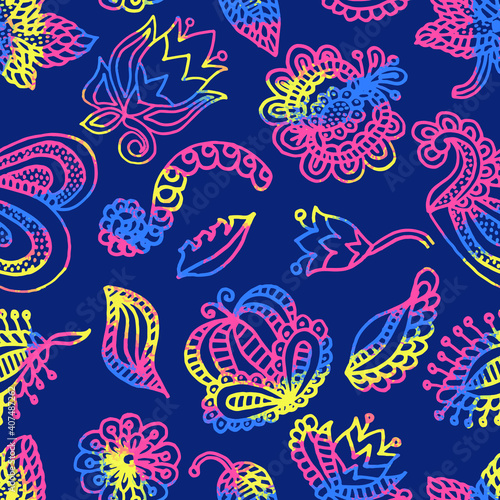 Flower Seamless Pattern in Indian style. Colorful floral simple doodle pattern. Vector Indian background. Stylized flowers in Holi Hindu spring festival colours on a dark blue background. 
