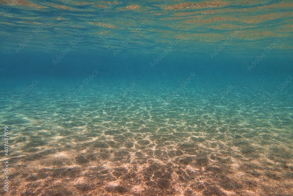 Fototapeta premium Underwater view, sandy sea bottom and transparent water. Life-giving sunlight underwater.