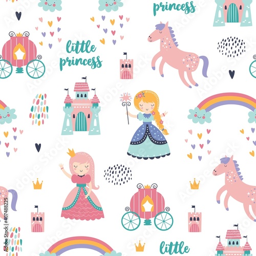 Childish seamless pattern with princess, castle, carriage in Scandinavian style. Creative vector childish background for fabric, wrapping, textile, wallpaper, apparel