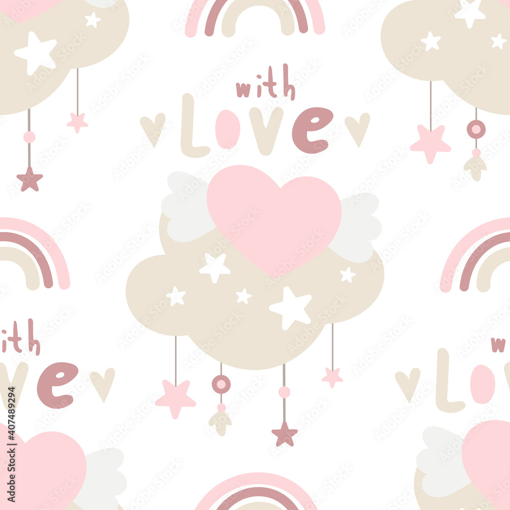 Seamless pattern for Valentines day design with boho heart, cloud, romantic elements. Lettering With love. Vector illustration for packaging. Pattern is cut, no clipping mask. Seamless pattern for Valentines day design with boho heart, cloud, romantic elements. Lettering With love. Vector illustration for packaging. Pattern is cut, no clipping mask.
