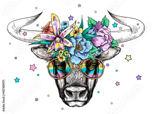 Cute cartoon bull head in a floral wreath and bright sunglasses. Beautiful wild animal with flowers. Stylish summer image for printing on any surface