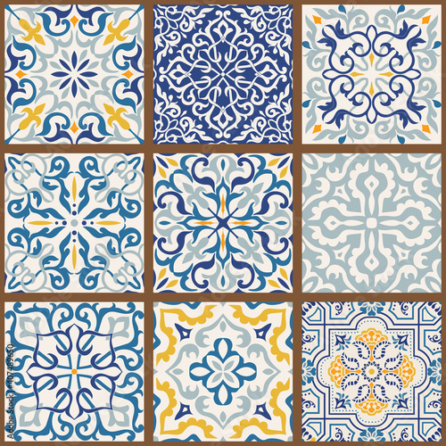 Collection of 9 colorful tiles. Seamless patchwork tile with Islam, Arabic, Indian, Ottoman motives. Majolica pottery tile, blue, yellow azulejo, original traditional Portuguese and Spain decor.